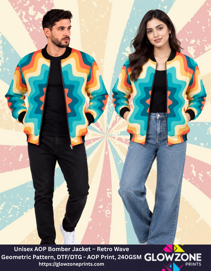 Unisex AOP Bomber Jacket – Retro Wave Geometric Pattern