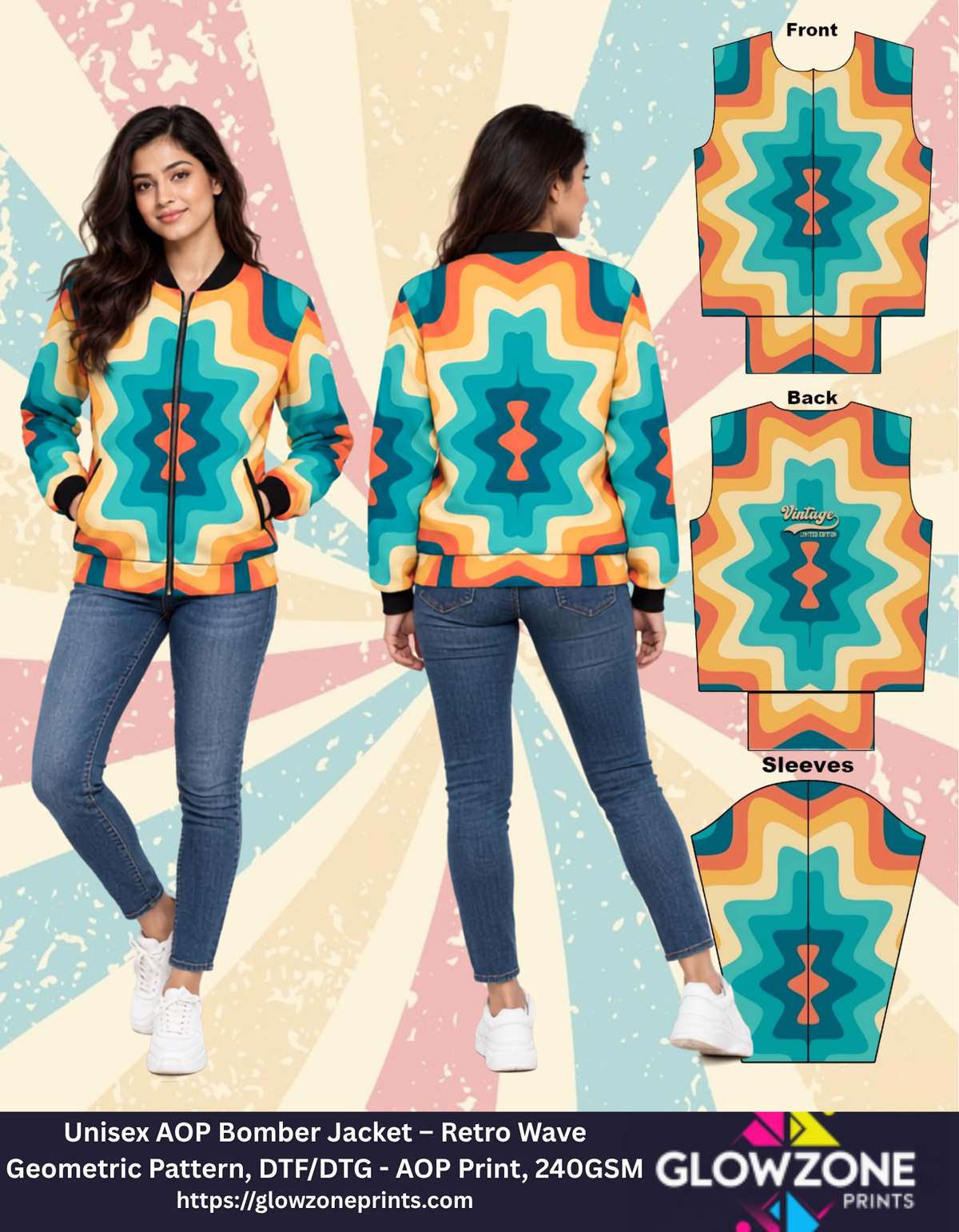 Unisex AOP Bomber Jacket – Retro Wave Geometric Pattern