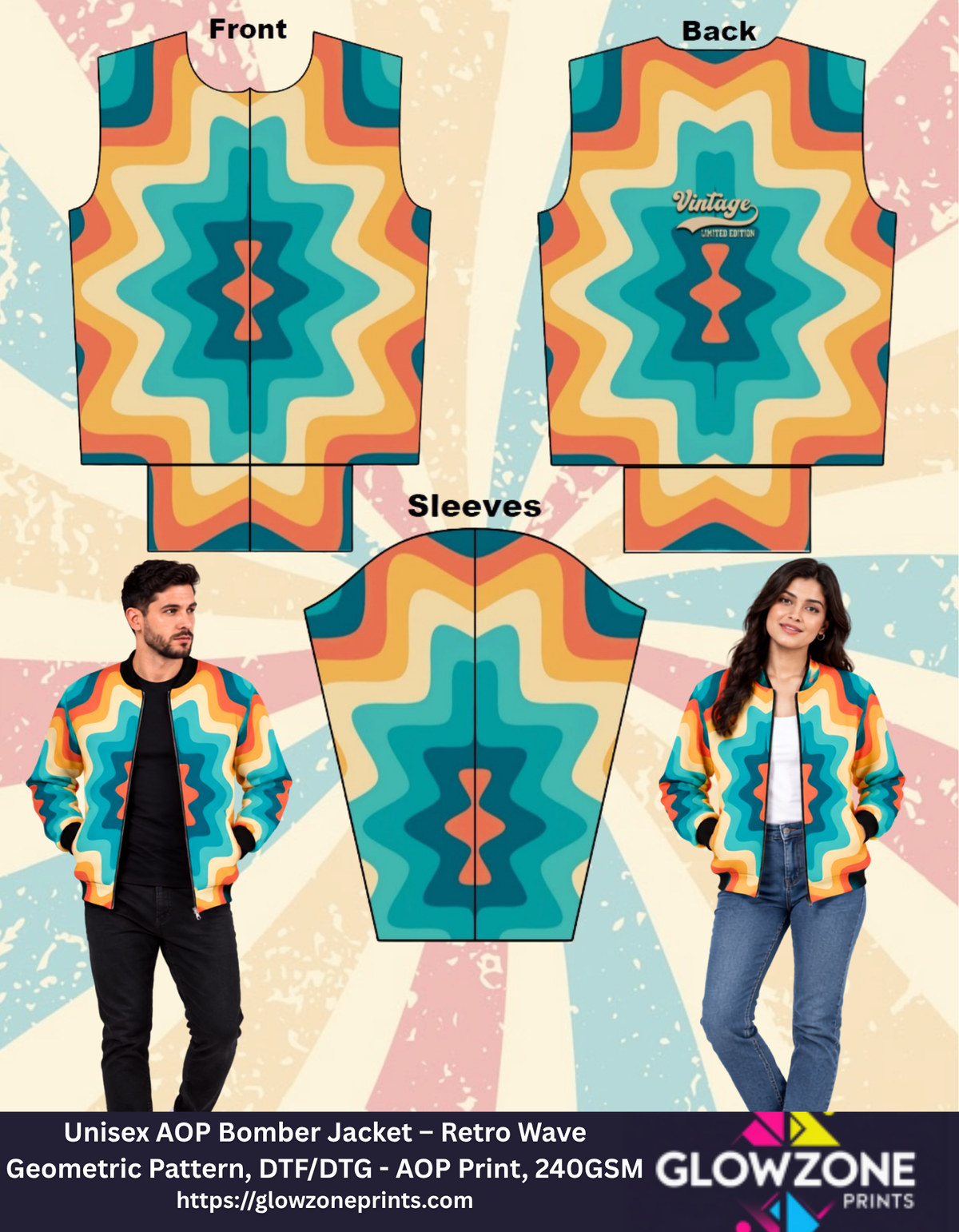 Unisex AOP Bomber Jacket – Retro Wave Geometric Pattern