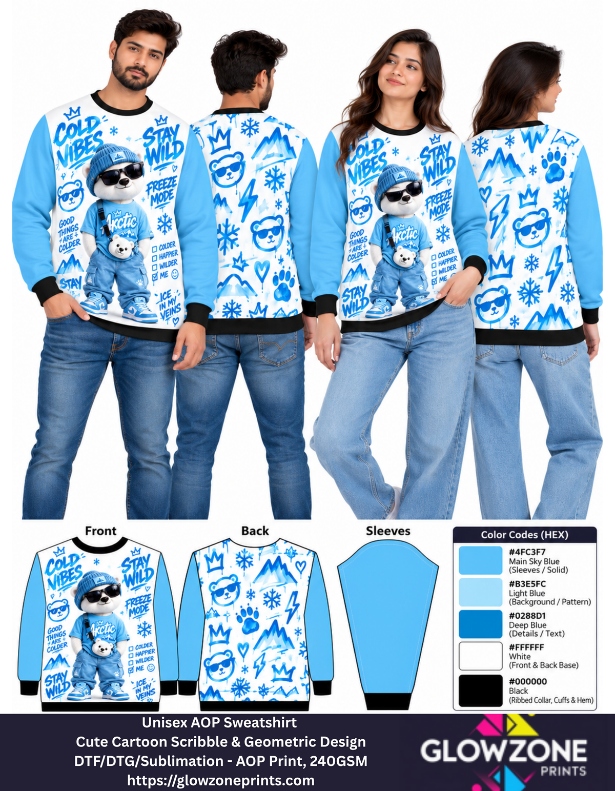 Unisex Animal Cartoon Sweatshirt - Cute Scribble & Geometric Print Beer Sky Blue GlowZonePrints