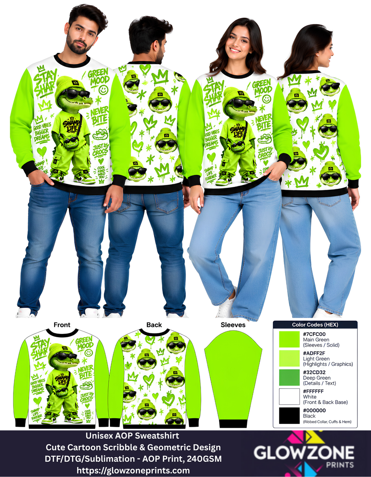 Unisex Animal Cartoon Sweatshirt - Cute Scribble & Geometric Print Crocodile Green GlowZonePrints