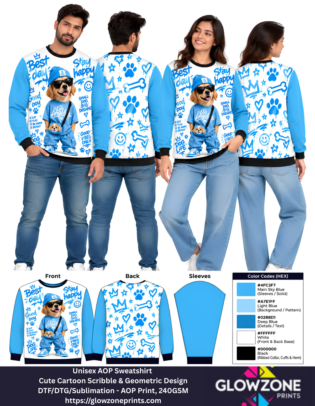 Unisex Animal Cartoon Sweatshirt - Cute Scribble & Geometric Print Dog Sky Blue GlowZonePrints