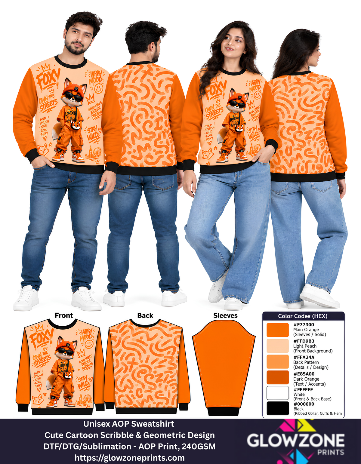 Unisex Animal Cartoon Sweatshirt - Cute Scribble & Geometric Print Foxy Orange GlowZonePrints