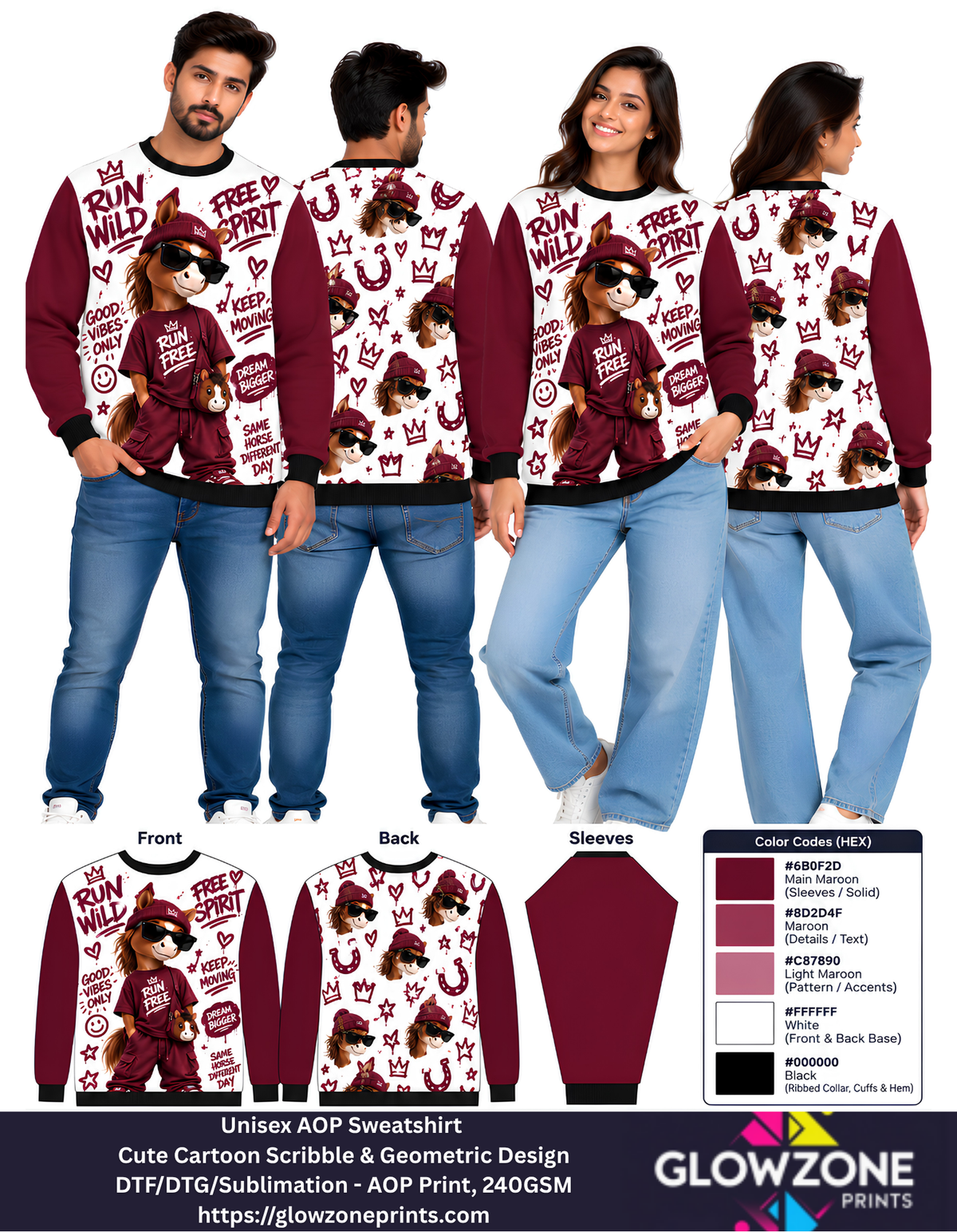 Unisex Animal Cartoon Sweatshirt - Cute Scribble & Geometric Print Horse Maroon GlowZonePrints