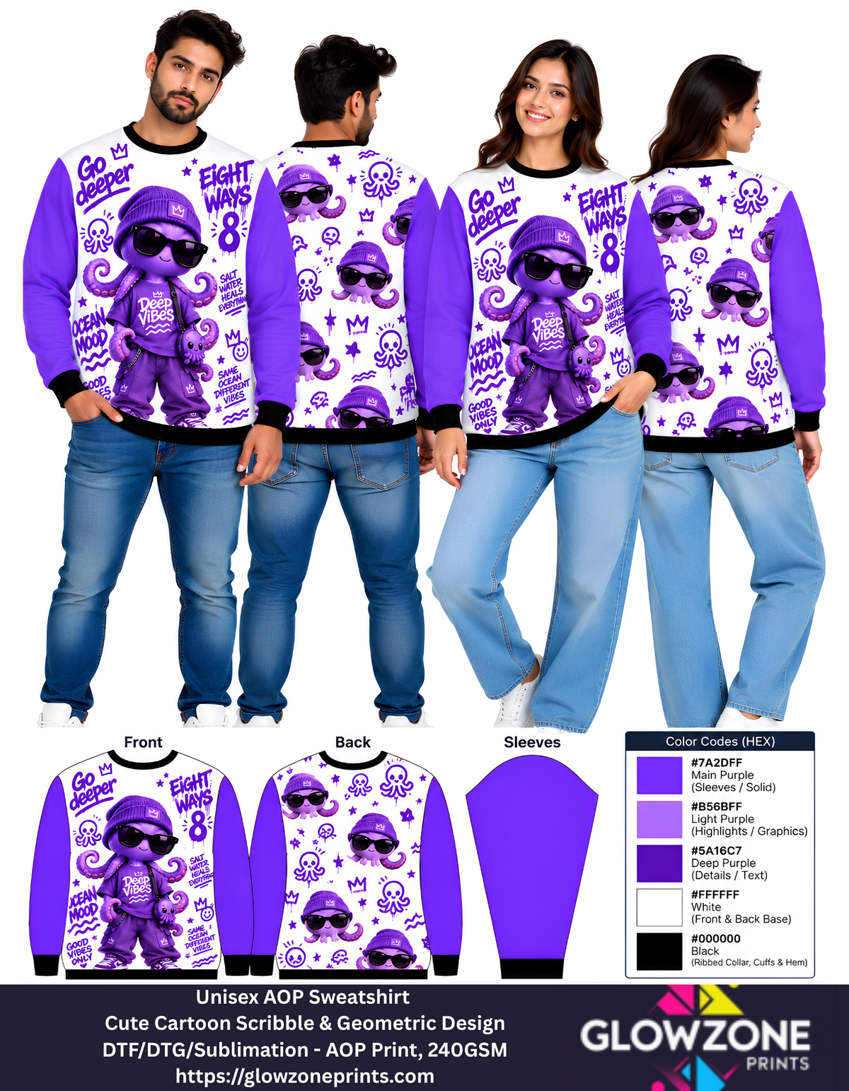 Unisex Animal Cartoon Sweatshirt - Cute Scribble & Geometric Print Octopus Purple GlowZonePrints