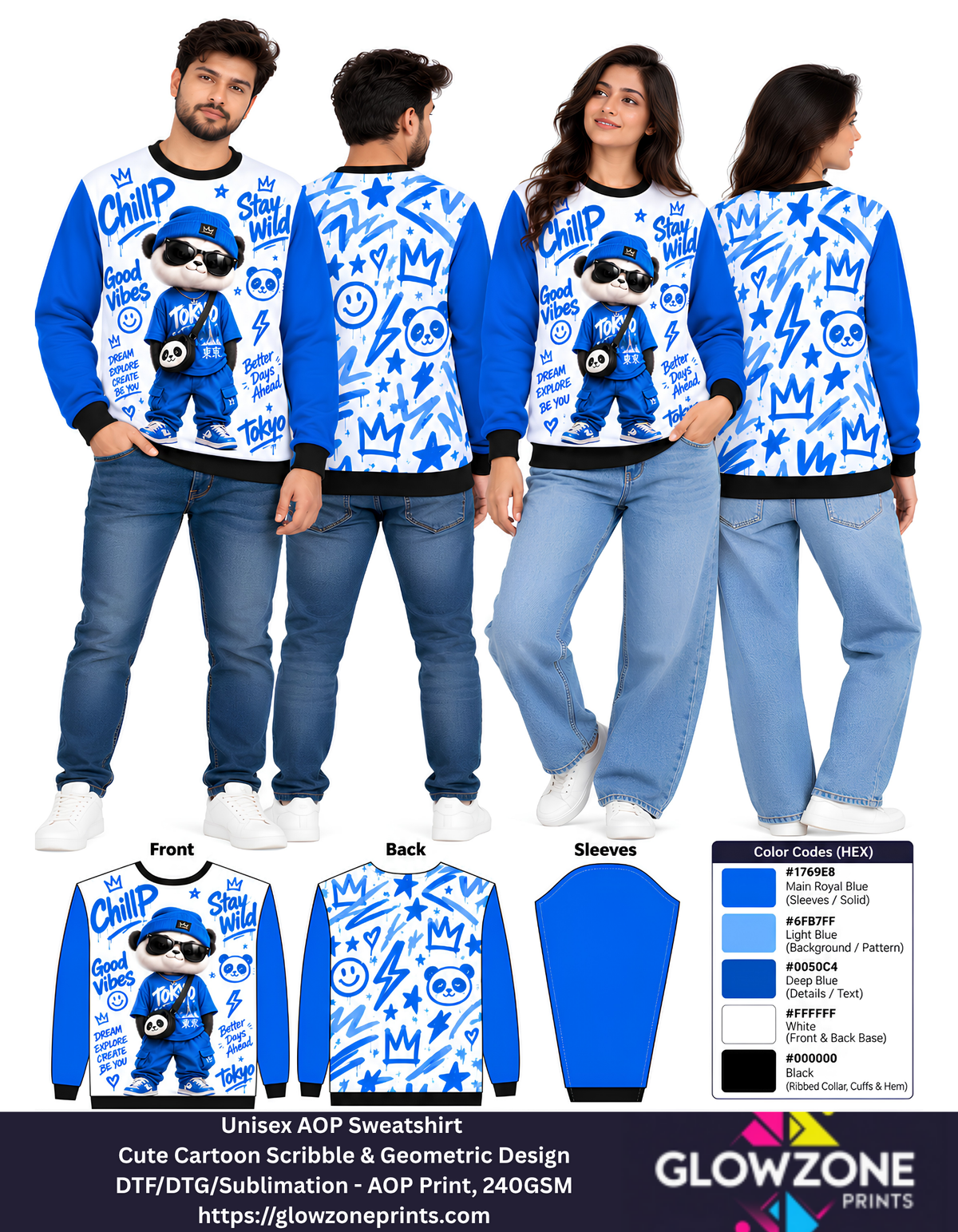 Unisex Animal Cartoon Sweatshirt - Cute Scribble & Geometric Print Panda Royal Blue GlowZonePrints