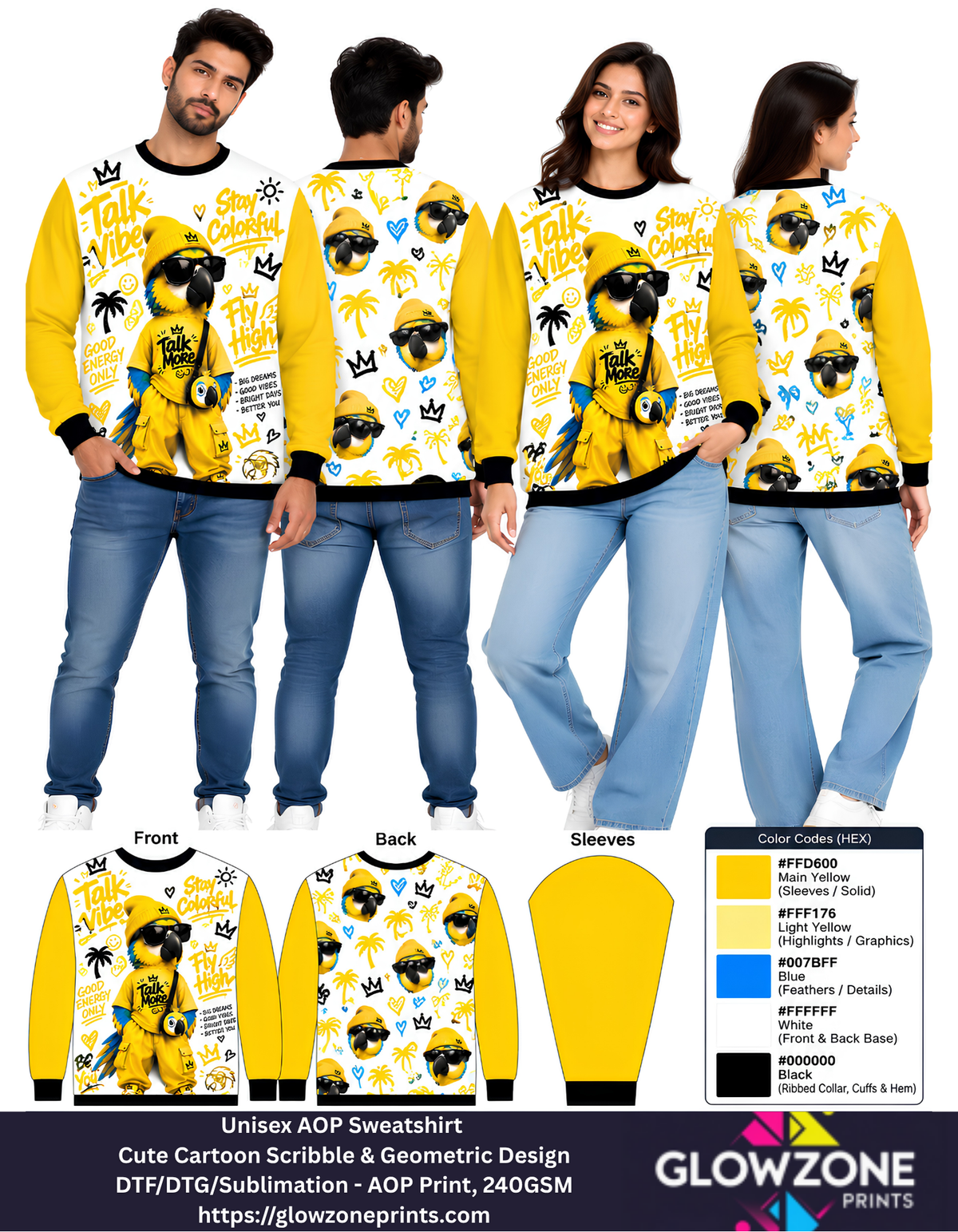 Unisex Animal Cartoon Sweatshirt - Cute Scribble & Geometric Print Parrot Yellow GlowZonePrints