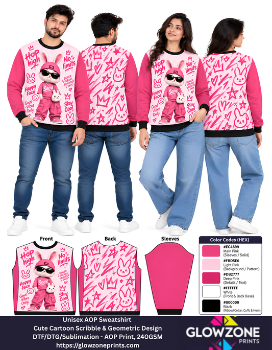 Unisex Animal Cartoon Sweatshirt - Cute Scribble & Geometric Print Rabit Pink GlowZonePrints