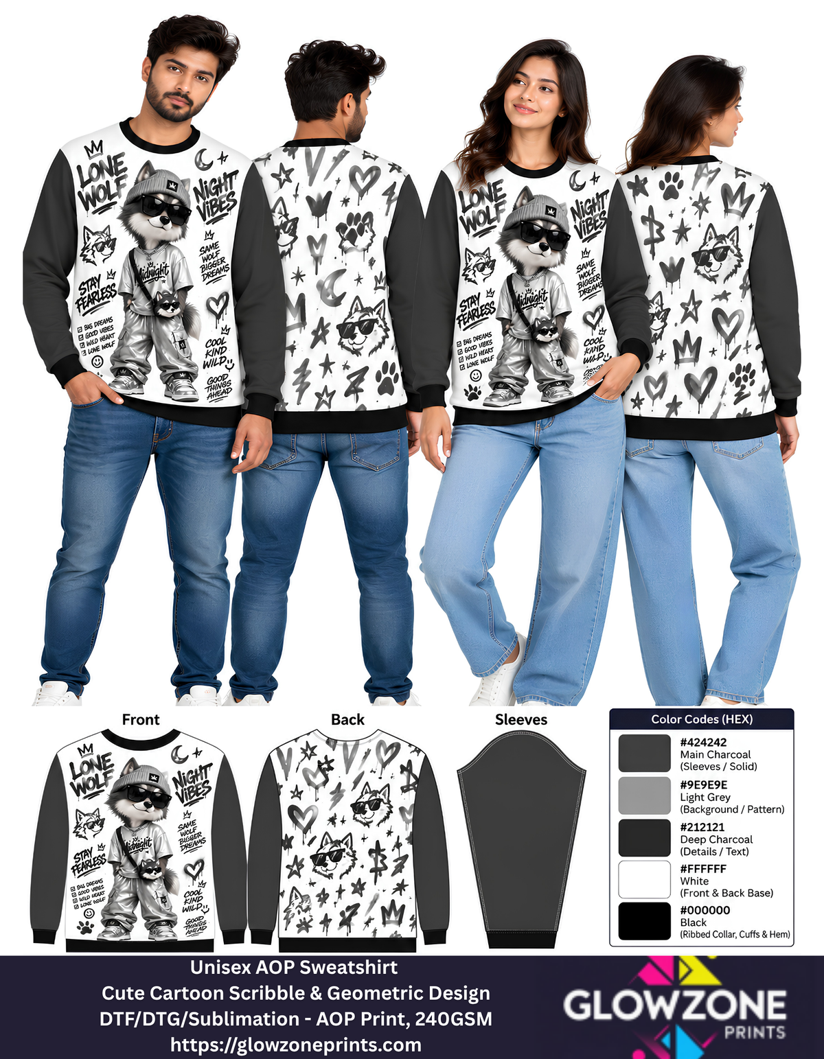 Unisex Animal Cartoon Sweatshirt - Cute Scribble & Geometric Print Wolf Charcoal GlowZonePrints