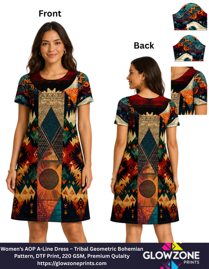 Women's AOP A-Line Dress – Tribal Geometric Bohemian Pattern