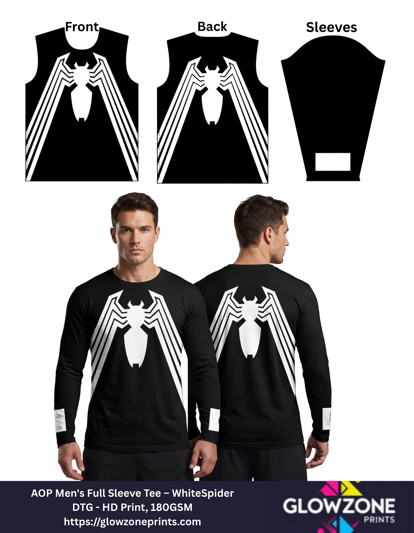 Men's AOP Full Sleeve T-Shirt – Monochrome Spider Emblem Graphic