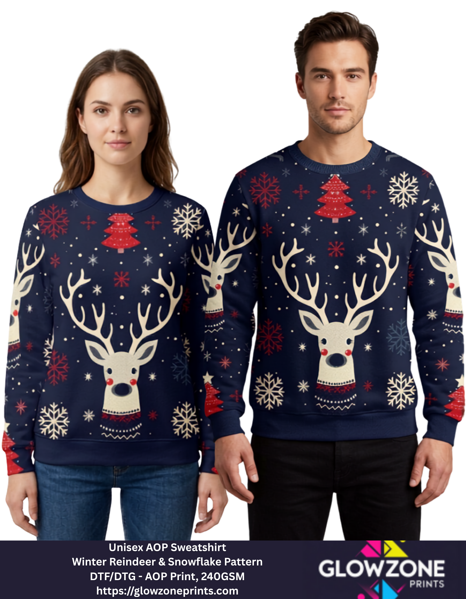 Unisex AOP Sweatshirt – Winter Reindeer & Snowflake Pattern GlowZonePrints