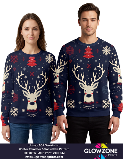 Unisex AOP Sweatshirt – Winter Reindeer & Snowflake Pattern GlowZonePrints