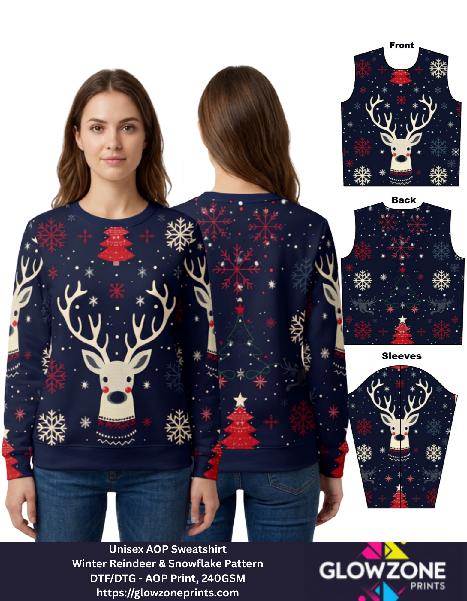 Unisex AOP Sweatshirt – Winter Reindeer & Snowflake Pattern GlowZonePrints