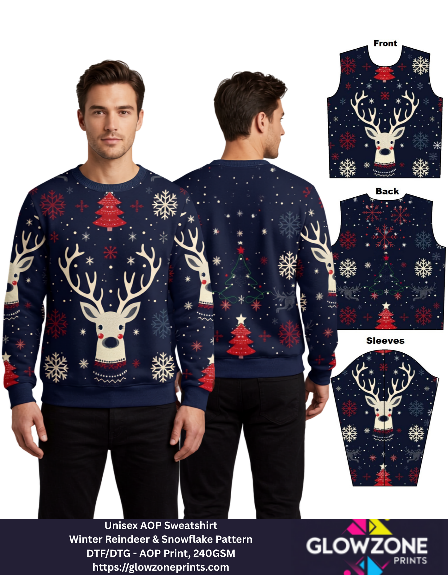 Unisex AOP Sweatshirt – Winter Reindeer & Snowflake Pattern GlowZonePrints