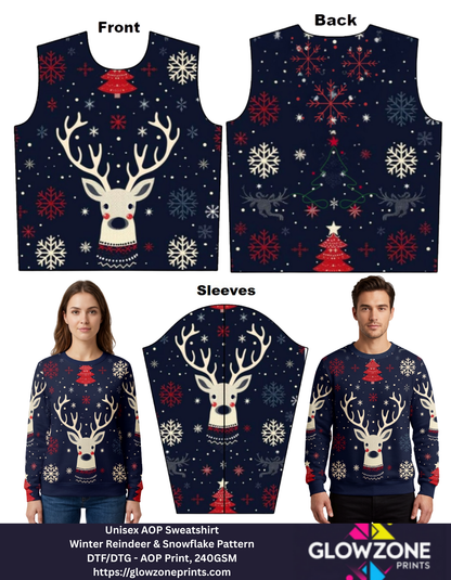 Unisex AOP Sweatshirt – Winter Reindeer & Snowflake Pattern Reindeer GlowZonePrints