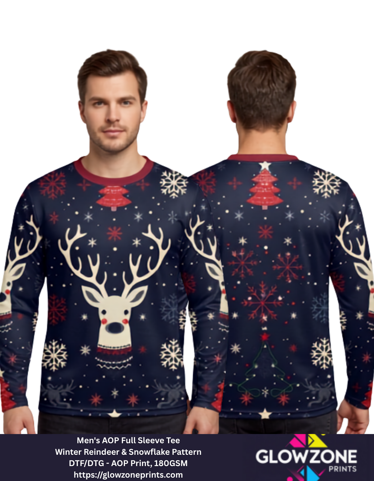 Men's AOP Full Sleeve Tee – Winter Reindeer & Snowflake Pattern GlowZonePrints