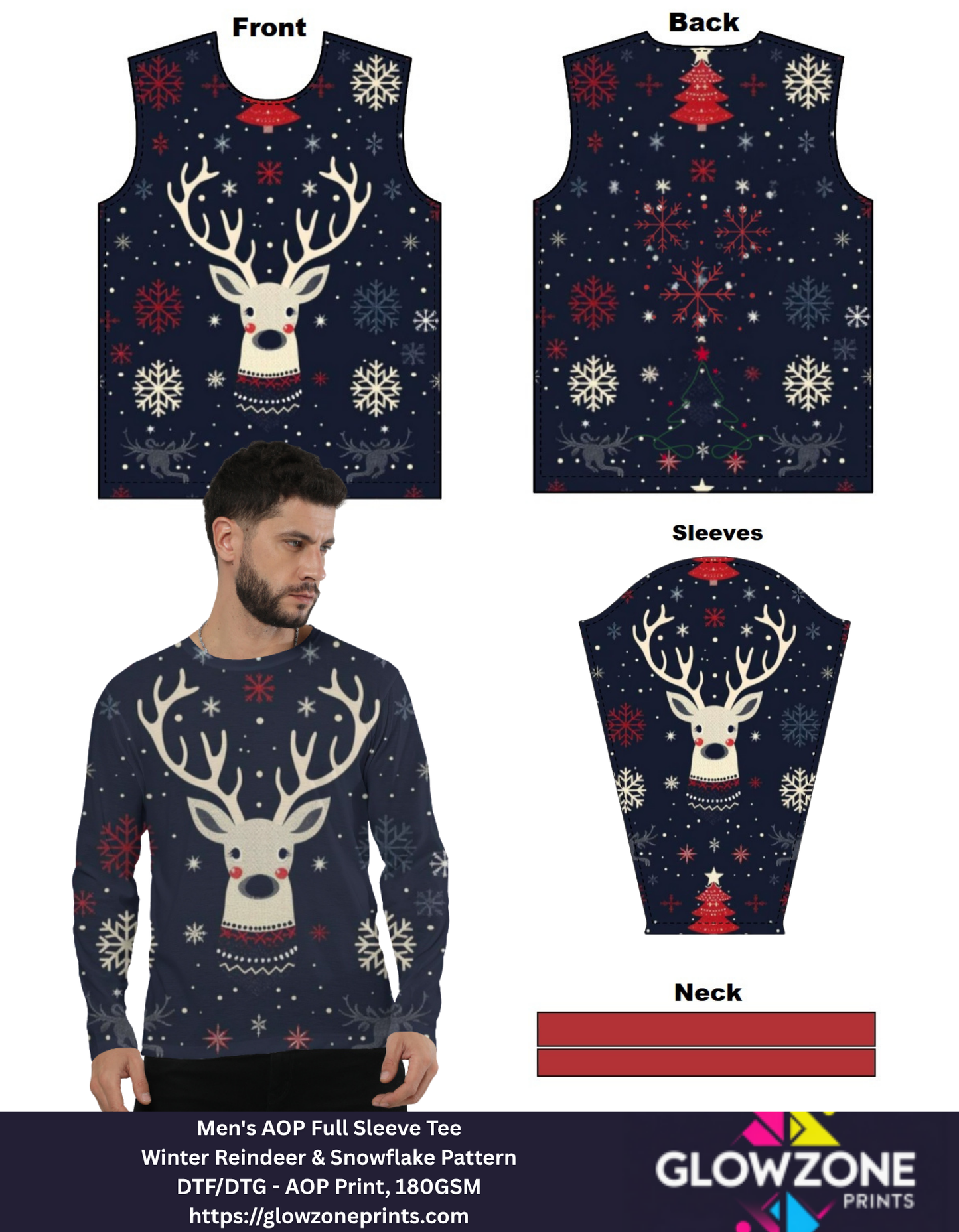 Men's AOP Full Sleeve Tee – Winter Reindeer & Snowflake Pattern Reindeer GlowZonePrints