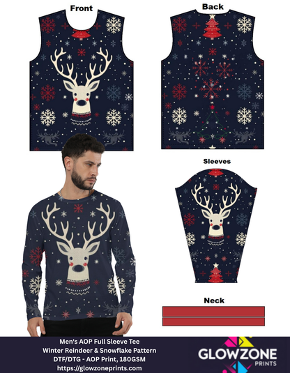 Men's AOP Full Sleeve Tee – Winter Reindeer & Snowflake Pattern Reindeer GlowZonePrints
