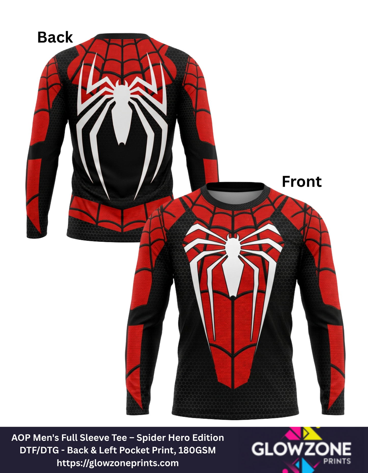 AOP Men's Full Sleeve Tee – Spider Hero Edition White GlowZonePrints
