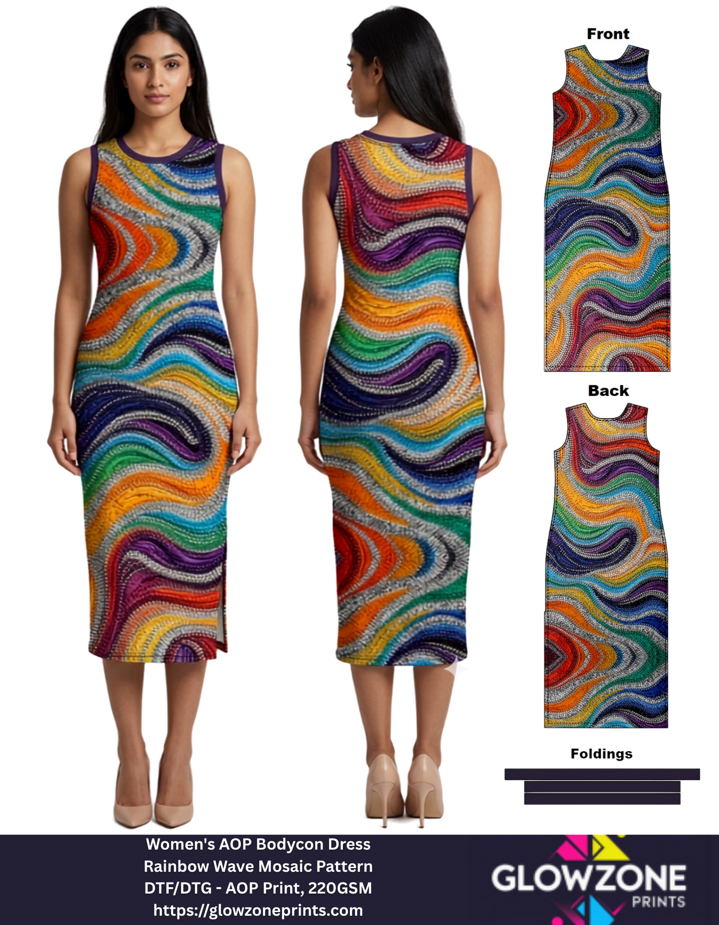 Women's AOP Bodycon Dress – Rainbow Wave Mosaic Pattern