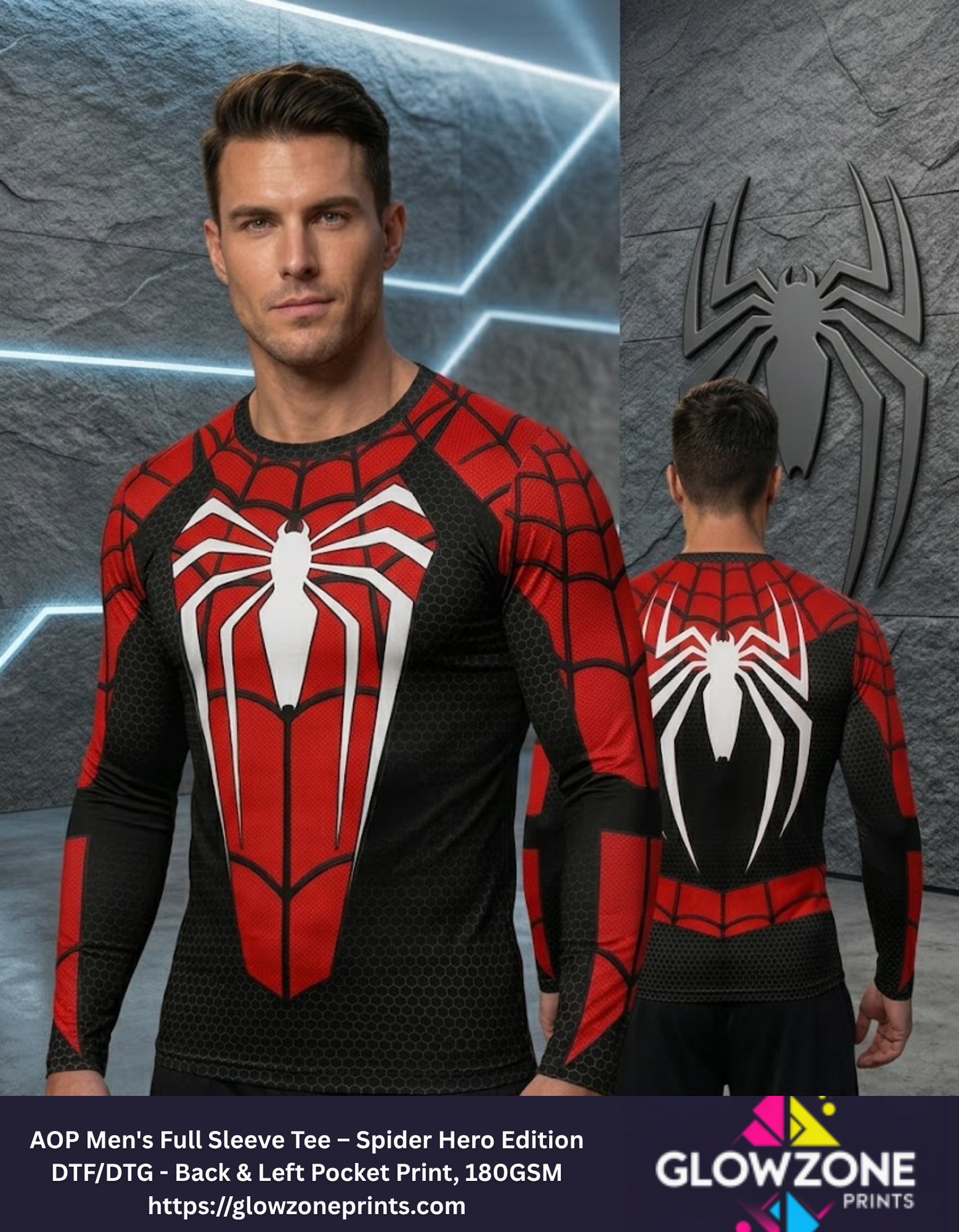 AOP Men's Full Sleeve Tee – Spider Hero Edition GlowZonePrints