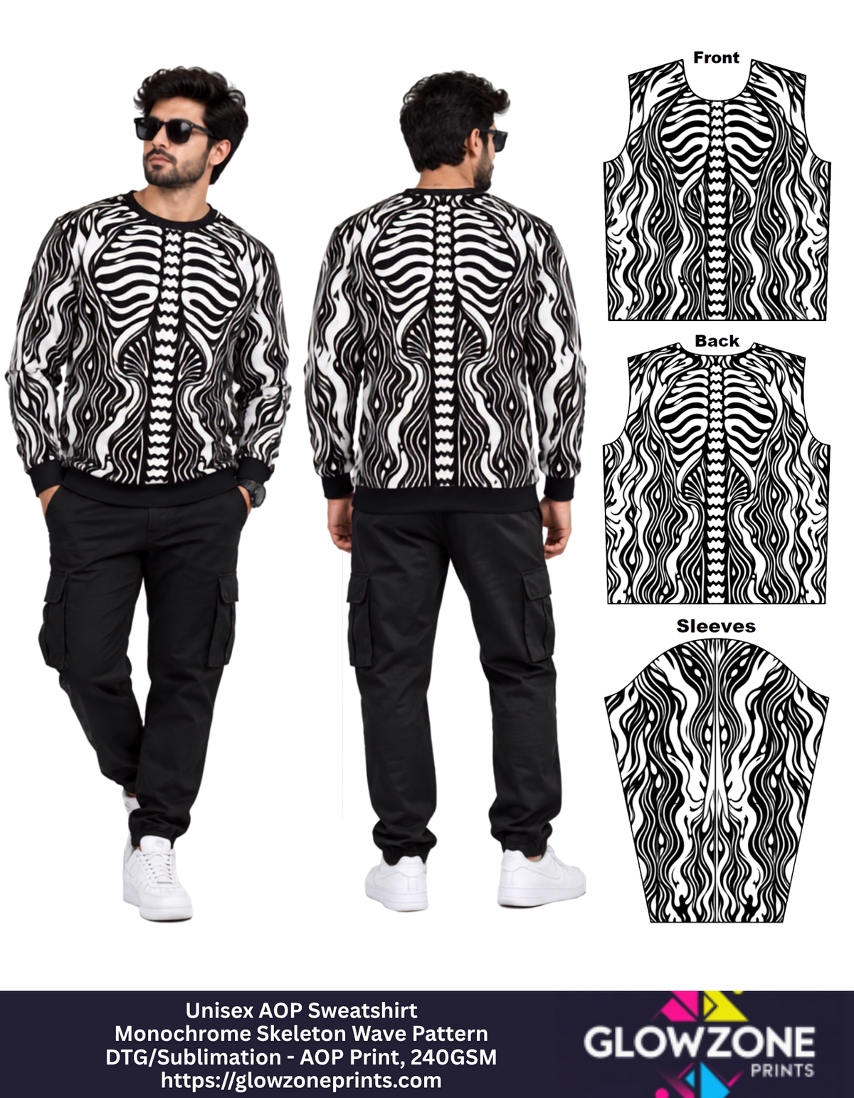 Unisex AOP Sweatshirt – Monochrome Skeleton Wave Pattern