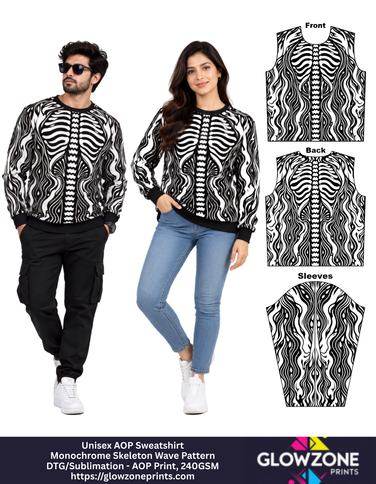 Unisex AOP Sweatshirt – Monochrome Skeleton Wave Pattern
