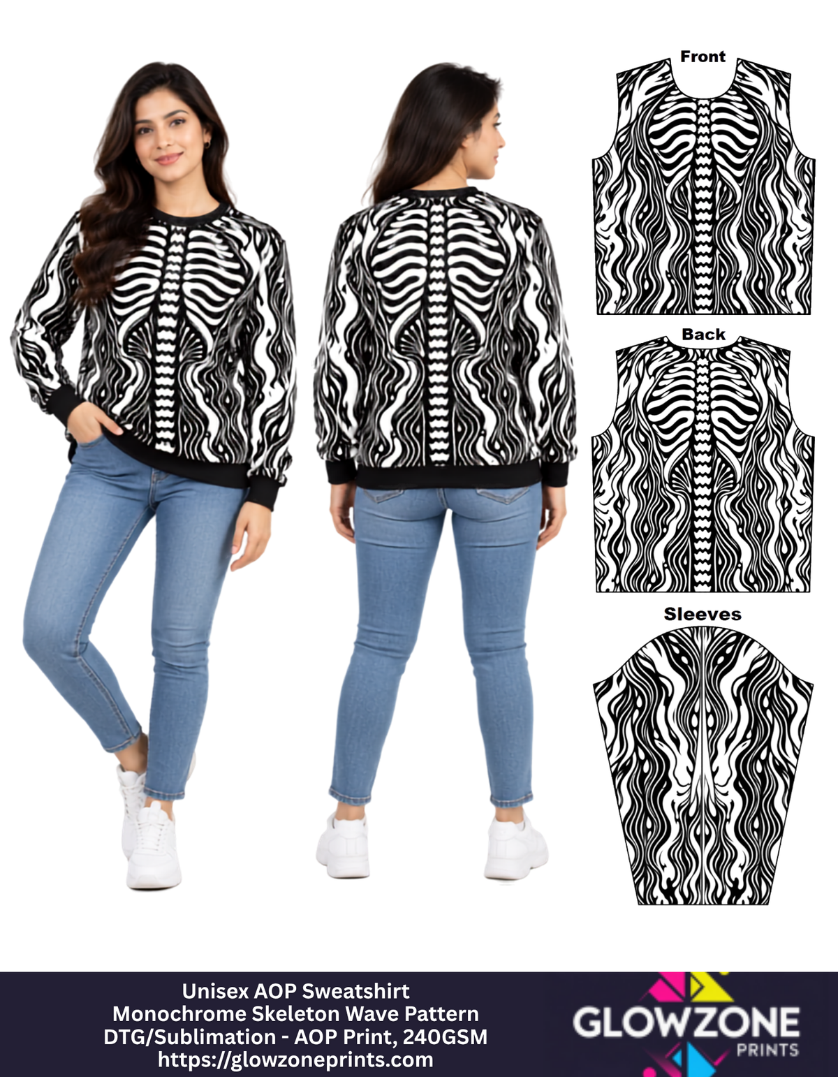 Unisex AOP Sweatshirt – Monochrome Skeleton Wave Pattern