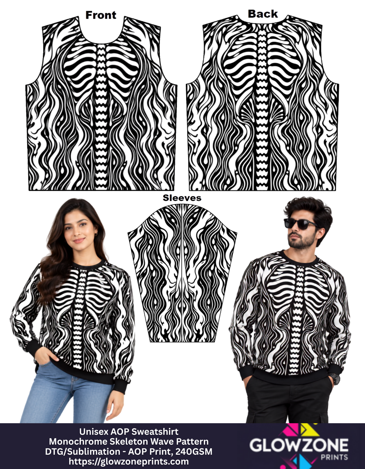 Unisex AOP Sweatshirt – Monochrome Skeleton Wave Pattern