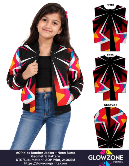 AOP Kids Bomber Jacket – Neon Burst Geometric Pattern