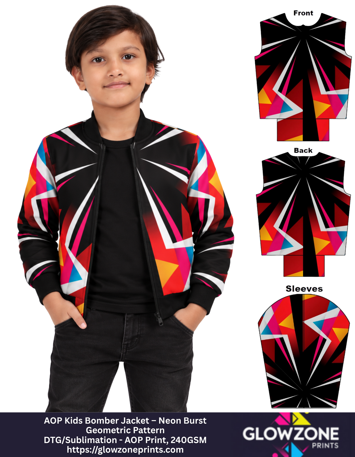 AOP Kids Bomber Jacket – Neon Burst Geometric Pattern