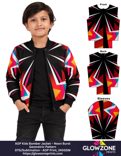 AOP Kids Bomber Jacket – Neon Burst Geometric Pattern