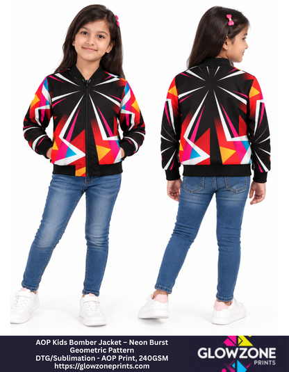 AOP Kids Bomber Jacket – Neon Burst Geometric Pattern