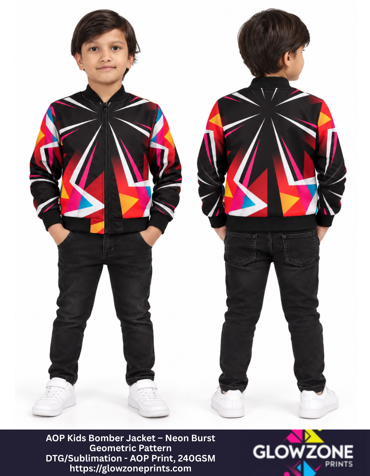 AOP Kids Bomber Jacket – Neon Burst Geometric Pattern