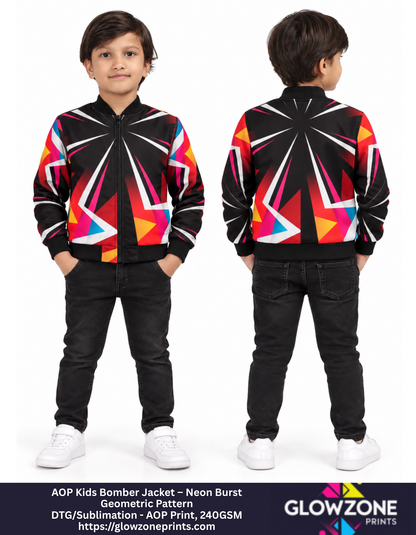 AOP Kids Bomber Jacket – Neon Burst Geometric Pattern