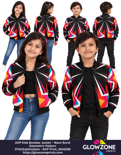 AOP Kids Bomber Jacket – Neon Burst Geometric Pattern