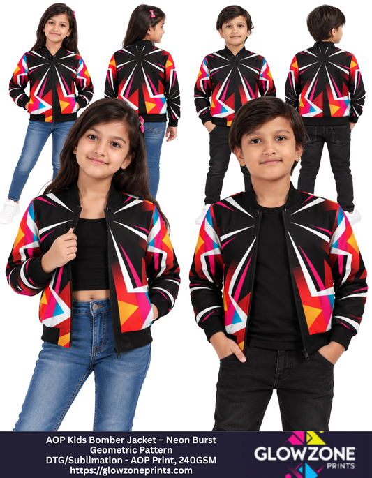 AOP Kids Bomber Jacket – Neon Burst Geometric Pattern Neon Geometric Pattern GlowZonePrints