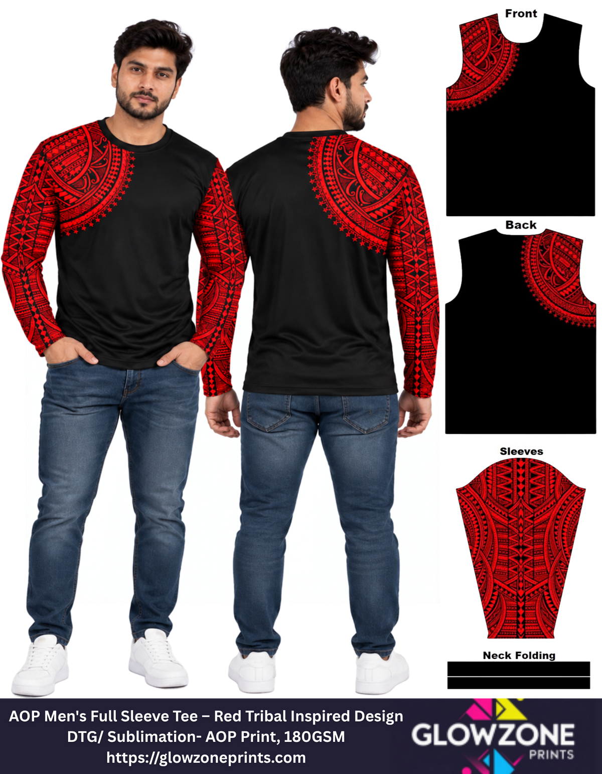 AOP Men's Full Sleeve Tee – Red Tribal Design Red Tribal Pattern GlowZonePrints