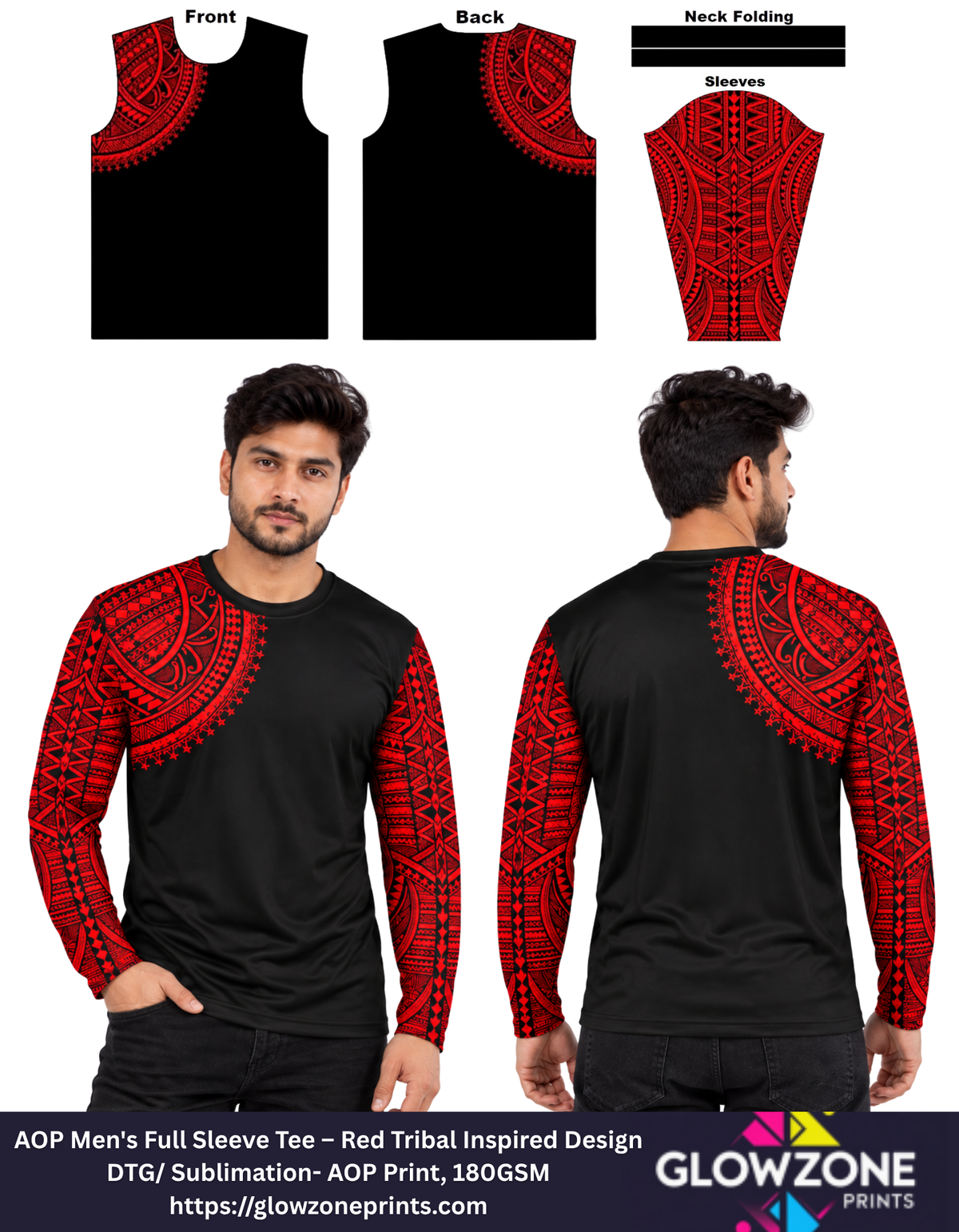AOP Men's Full Sleeve Tee – Red Tribal Design GlowZonePrints