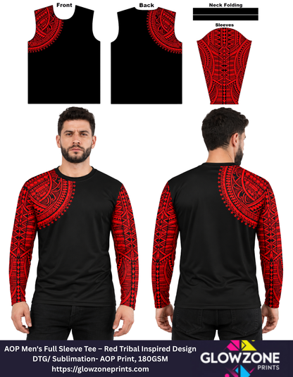AOP Men's Full Sleeve Tee – Red Tribal Design GlowZonePrints