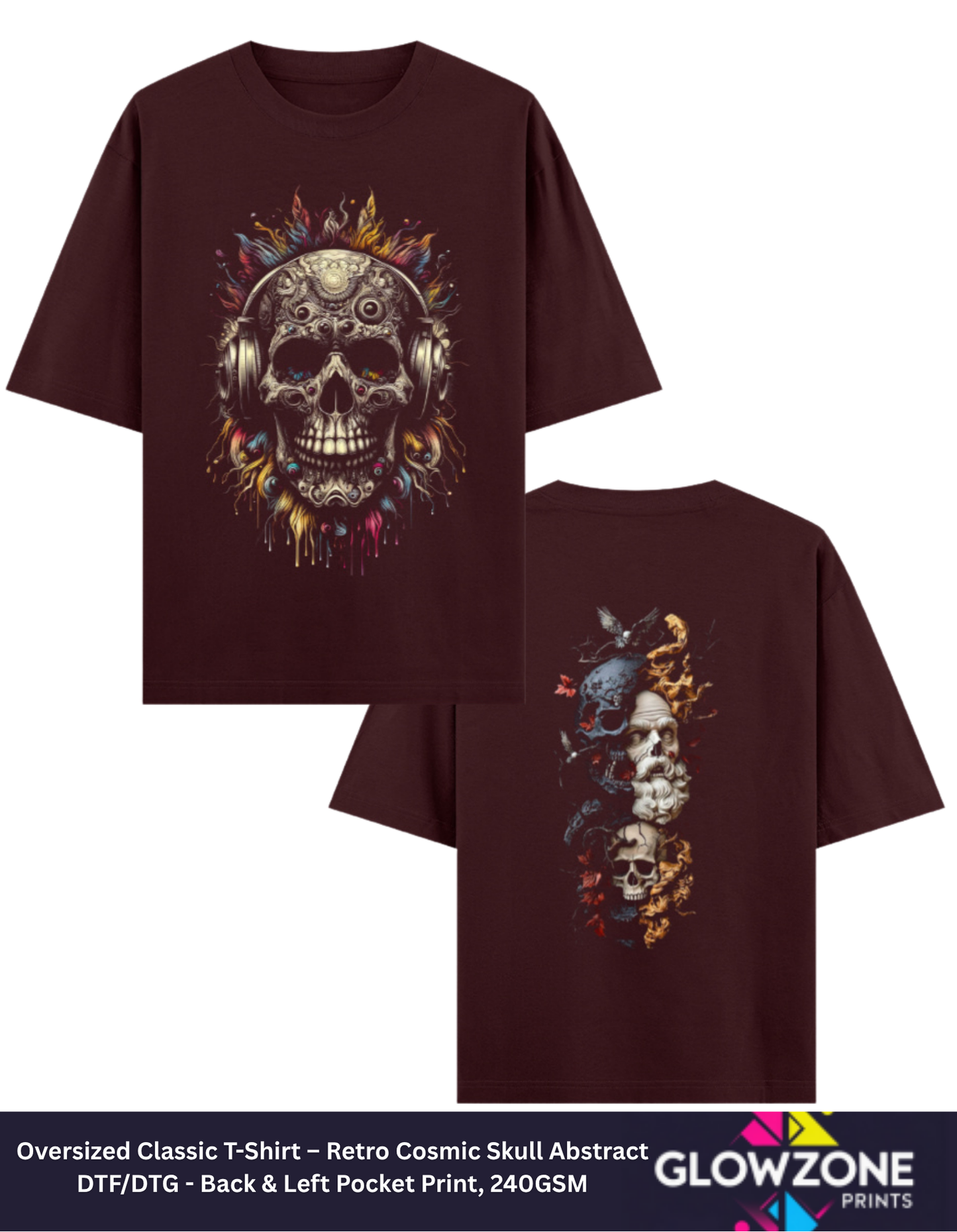 Oversized Classic T-Shirt – Retro Cosmic Skull Abstract Maroon GlowZonePrints