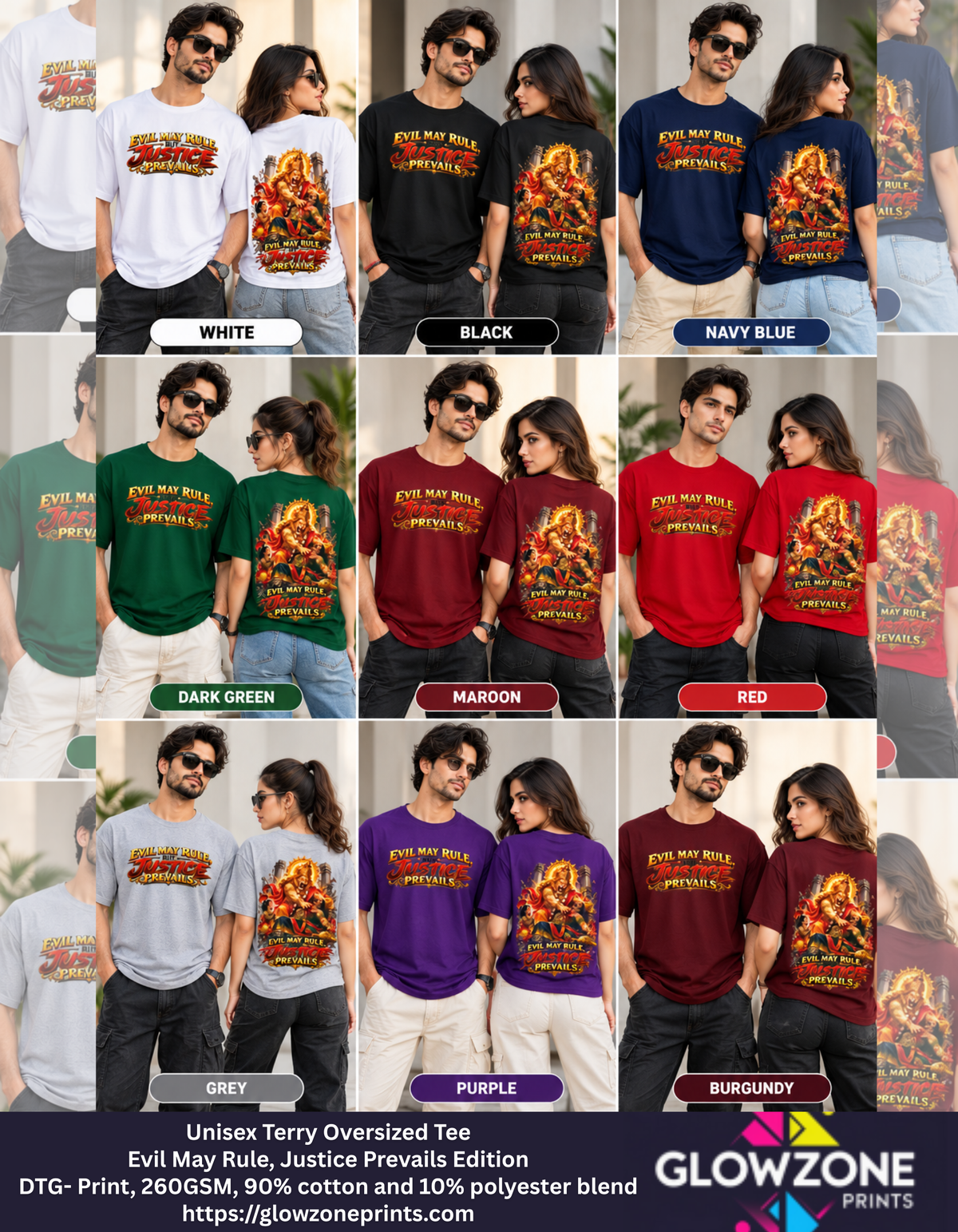Unisex Terry Oversized Tee – Evil May Rule, Justice Prevails Edition GlowZonePrints