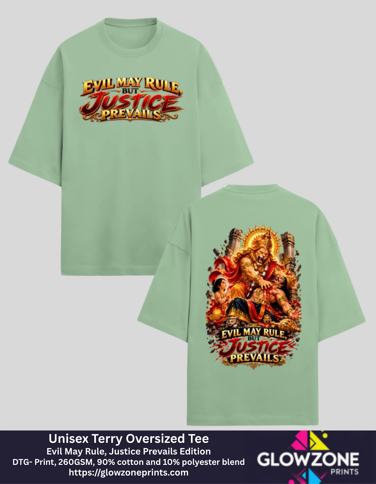 Unisex Terry Oversized Tee – Evil May Rule, Justice Prevails Edition Jade GlowZonePrints