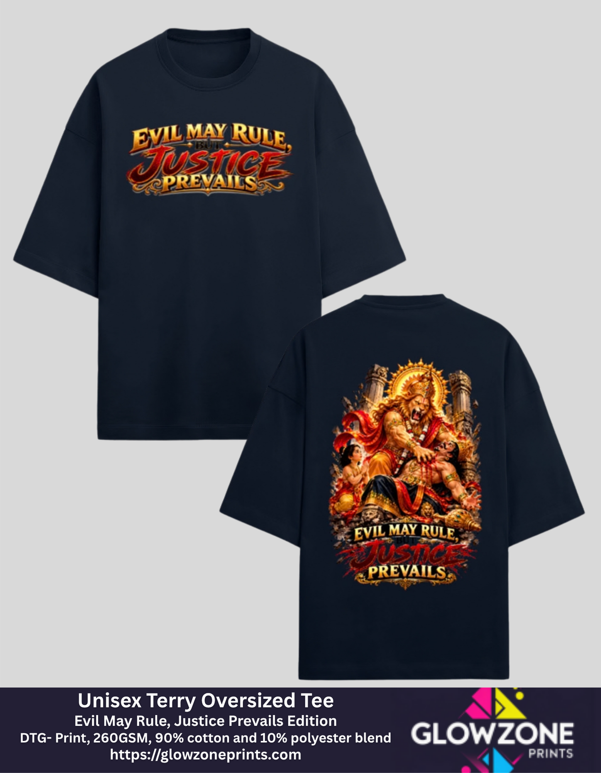 Unisex Terry Oversized Tee – Evil May Rule, Justice Prevails Edition Navy Blue GlowZonePrints