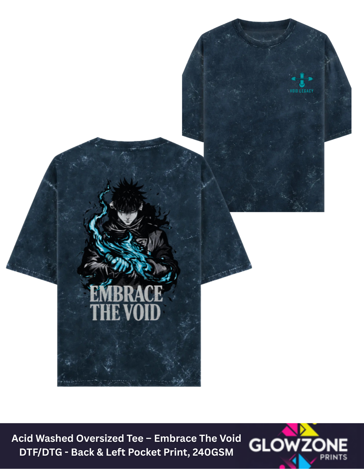 Acid Washed Oversized Tee – Embrace The Void Navy Blue GlowZonePrints
