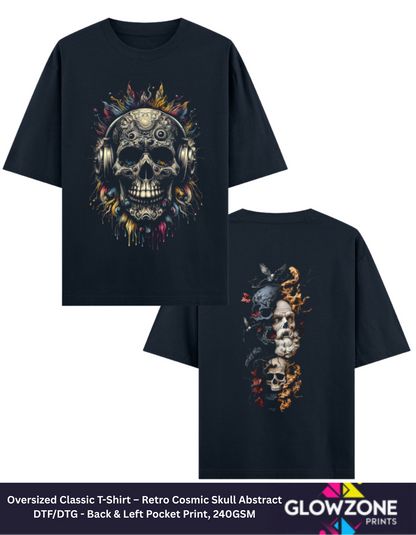 Oversized Classic T-Shirt – Retro Cosmic Skull Abstract Navy Blue GlowZonePrints