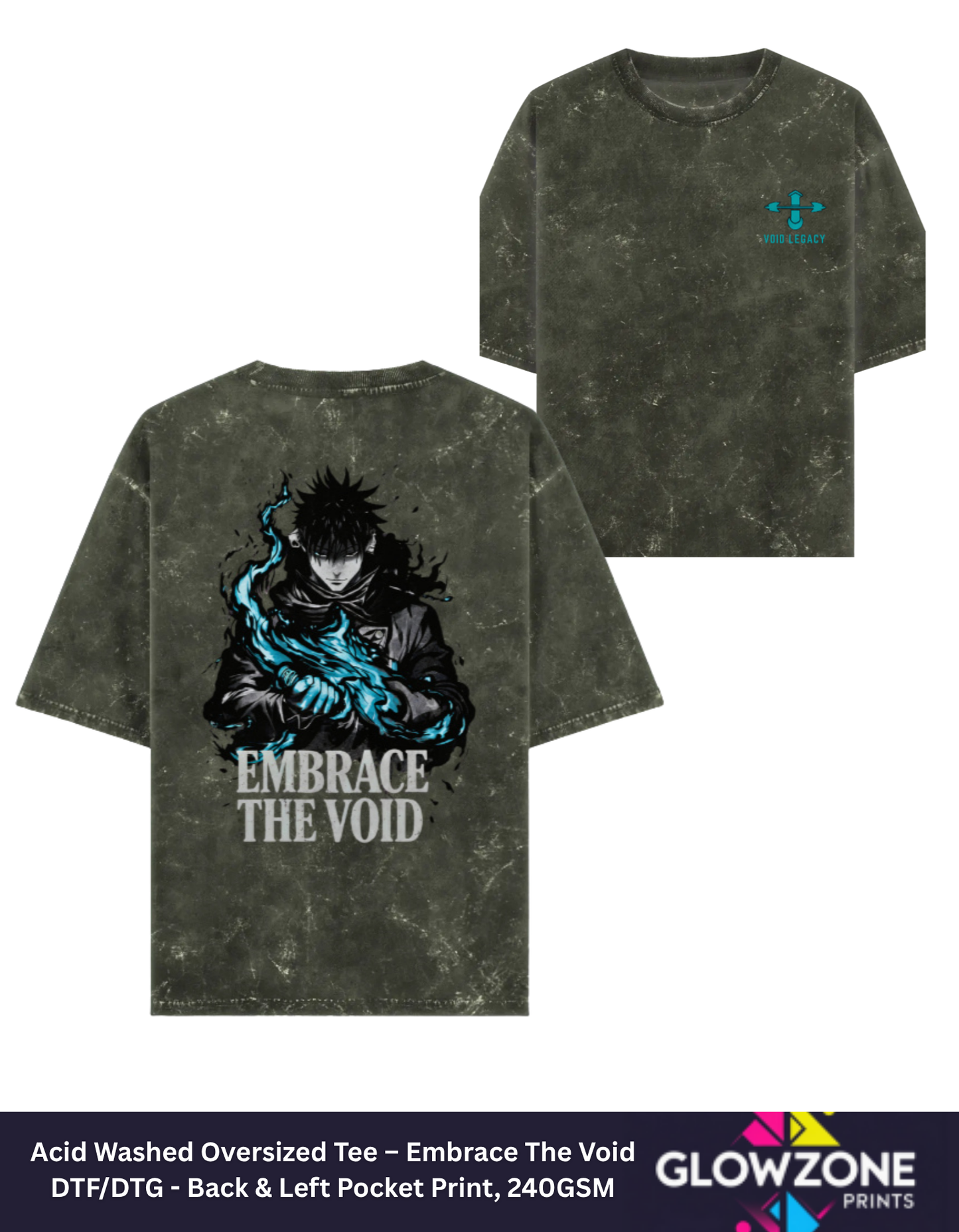 Acid Washed Oversized Tee – Embrace The Void Olive Green GlowZonePrints