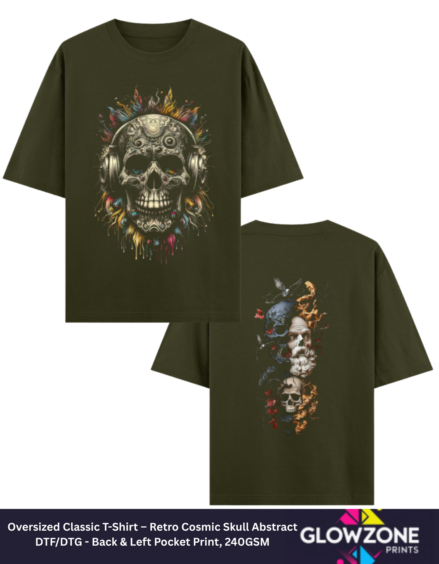 Oversized Classic T-Shirt – Retro Cosmic Skull Abstract Olive Green GlowZonePrints