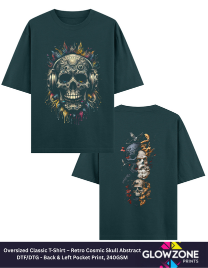 Oversized Classic T-Shirt – Retro Cosmic Skull Abstract Petrol Blue GlowZonePrints